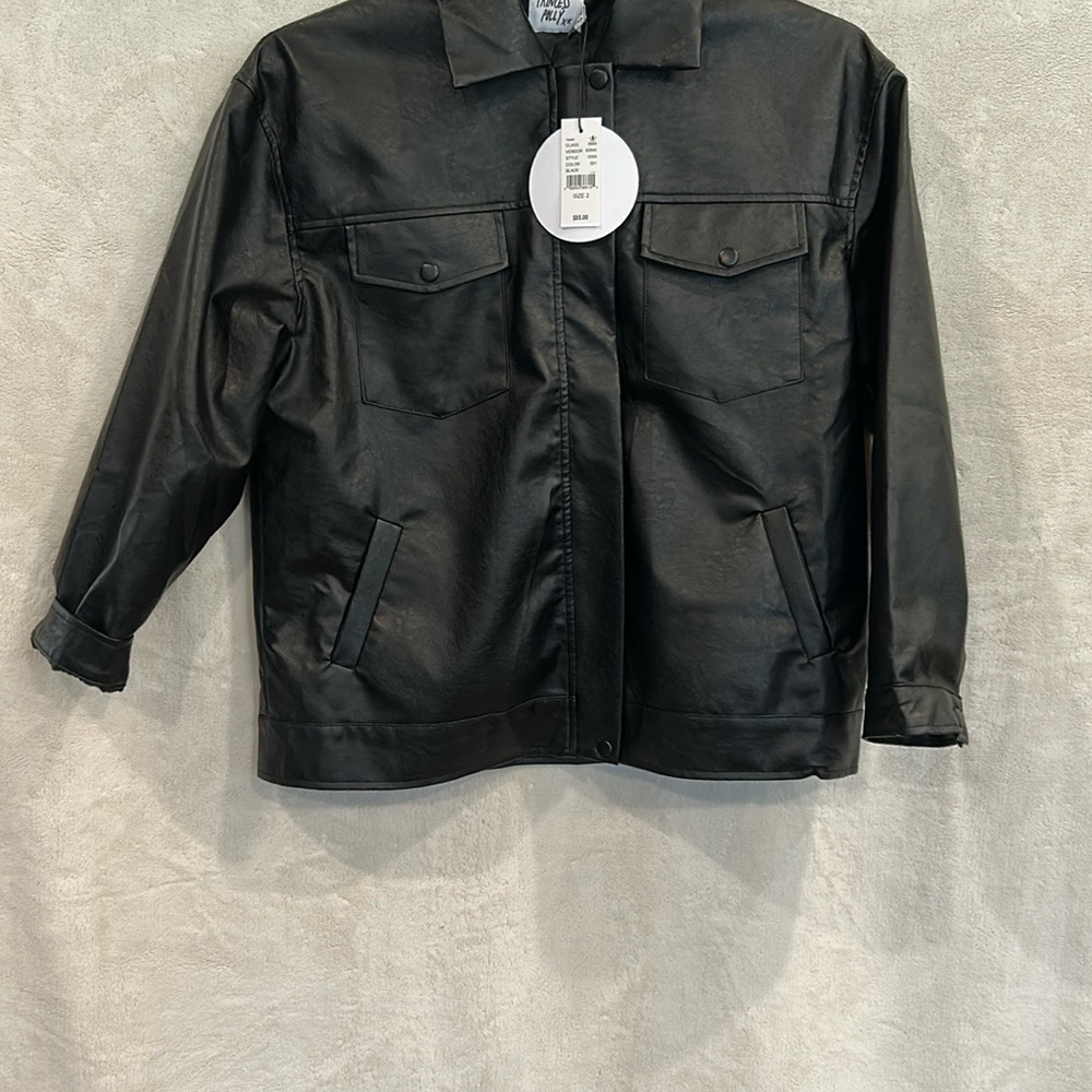 Princess Polly Black Leather Bomber Jacket with Glossy Finish - Picture 4 of 5